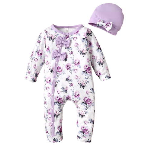 Newborn Baby Girls Romper 3 Months Girls One-piece Bodysuit Flower Print Round Neck Newborn Girls Long Sleeve Bodysuit with Hat Purple