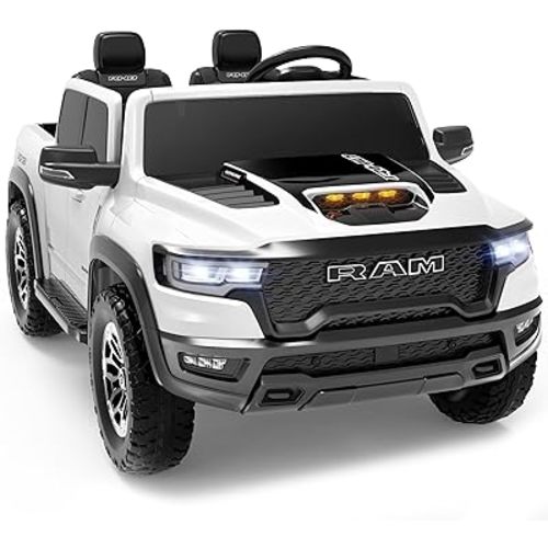 2 Seater Electric Car for Kids, Licensed RAM 1500 RHO 24V Ride on Truck w/Remote Control, Toddler Ride on Toys w/Bluetooth, LED Lights, Spacious Truck Bed, Gear Shifter & Soft Start (White)