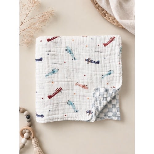 Organic Muslin Cotton 6-Layer Baby Blanket, Vintage Airplane Print Swaddle, Airplane Blanket, Organic Baby Blanket