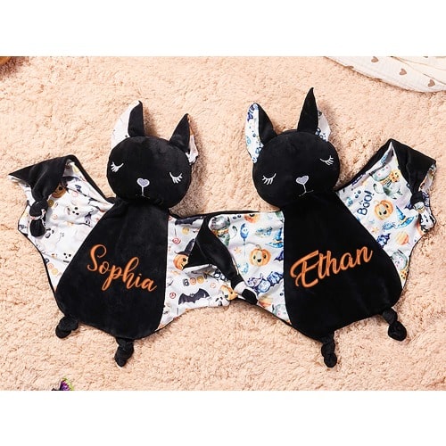 Embroidered Bat Baby Comforter,Personalized Halloween Baby Bat Security Blanket,Halloween Lovey Animal Blanket,Halloween Baby Gift