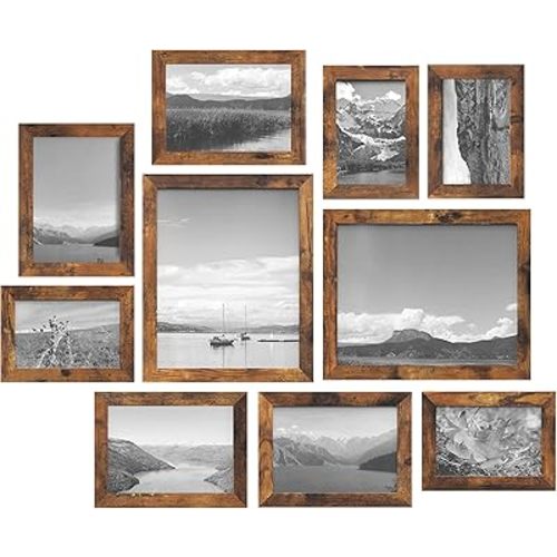 SONGMICS Picture Frames, Collage Picture Frames Set of 10, Two 8x10, Four 5x7, Four 4x6, Photo Frame for Wall Gallery Decor, Table Display, Glass, Rustic Brown