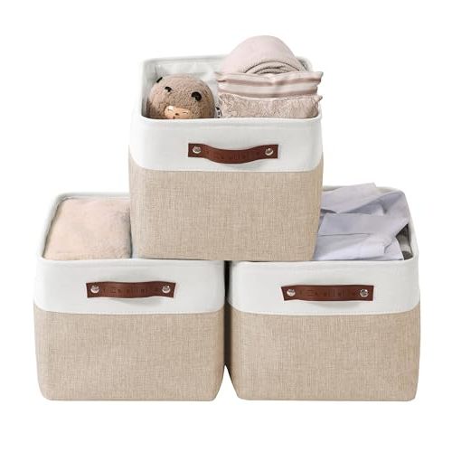 DECOMOMO Storage Bins | Fabric Storage Baskets for Shelves for Organizing Closet Shelf Nursery Toy | Decorative Large Linen Closet Organizer Bins with Handles (Beige and White, Large - 3 Pack)