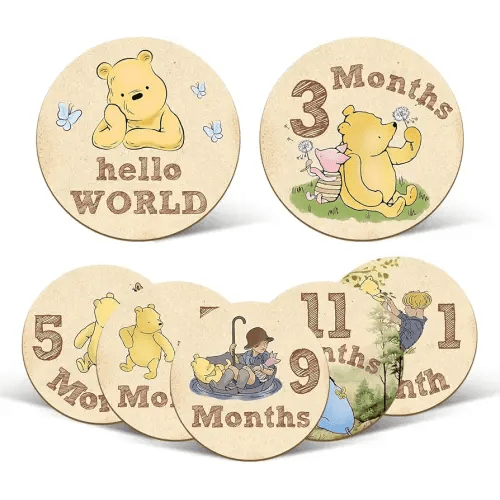 7 Pcs Winnie Baby Monthly Milestone Markers, Winnie Double Sided Winnie Baby Months Wooden Signs with Storage Bag, Winnie Baby Monthly Announcement Wooden Discs, Winnie Milestone Pictures of Newborn