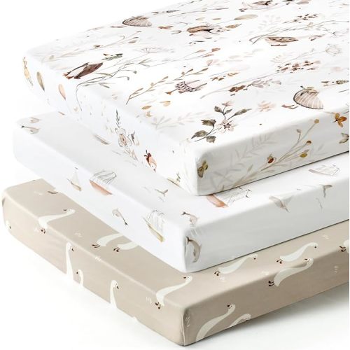 Stretchy Ultra Soft Jersey Knit Fitted Pack and Play Sheets Set 3 Pack, Portable/Mini Crib Sheets for Boys and Girls, Universal Fit for Pack N Plays Safe and Snug, Stylish Pattern of Duck Happy Party