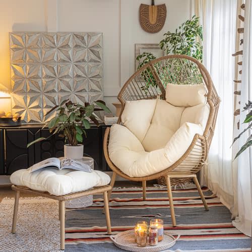 Barton 2-Pieces Stationary Wicker Egg Chair Oversized Egg Seat 350lbs Teardrop Cuddle Cocoon Chair Egg Basket Lounge Chair with Ottoman Indoor/Outdoor, Beige