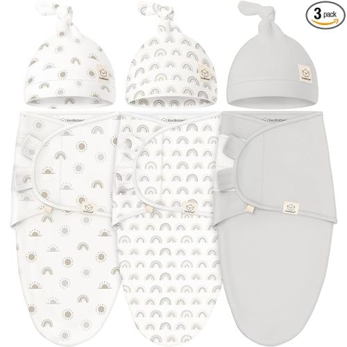 KeaBabies 3-Pack Organic Swaddles for Newborns Girls, Boys with Hats - Soft Cotton Baby Sleep Sacks 0-3 Months, Breathable Baby Hats and Swaddles 0-3 Months, Newborn Essentials Must Haves (Shifts)