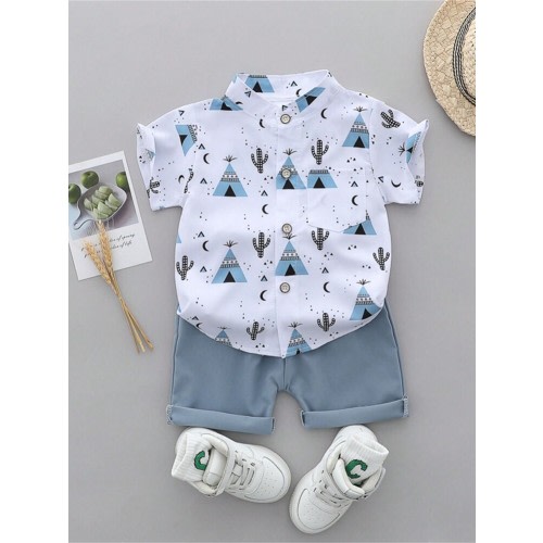 Baby Boy Summer Cartoon Printed Randomly Full-Collar Short Sleeve Shirt And Shorts Set | SHEIN USA