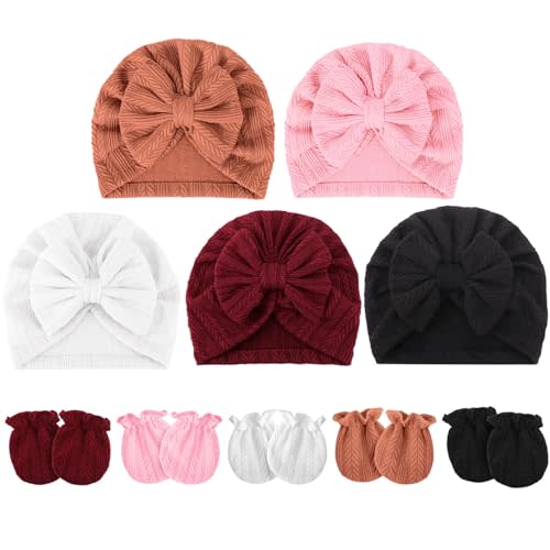 BQUBO Baby Turban Hats and Mittens Set Newborn Infant Hospital Hats Caps with Bows for Baby Boys Girls 0-12 Months
