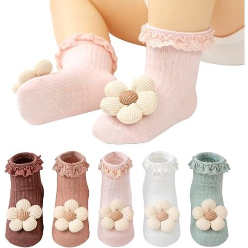 5 Pairs Baby Girl Socks Toddler Frilly Ruffle Socks with Non-Slip Grip Cute Flower for Little Girls Newborn Infant