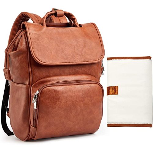 Leather Diaper Bag Backpack with Changing Mat Travel Backpack Waterproof&Insulated Large Nappy Bag Stroller Straps, Brown B, 13.8x8x18 Inch (Pack of 1), Travel Backpacks