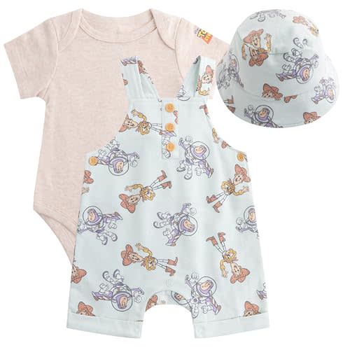 Disney Toy Story Mickey Mouse Pooh Baby Boys Shortall French Terry Overalls Bodysuit and Bucket Hat 3-Piece Set For Infants