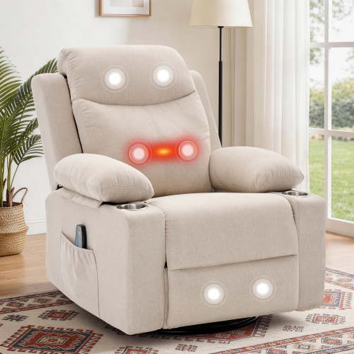 GEEYOO 360°Swivel Rocker Recliner Chair with Massage and Heat,Manual Recliners with Side Pockets & Cup Holders Nursery Glider Recliner for Living Room,Linen,Beige