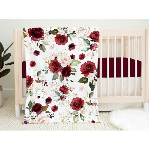 Floral Baby Girl Blanket, Red Blush Pink Maroon Burgundy Gold Green Leaves Watercolor Flowers Nursery  Baby Shower Gift 101