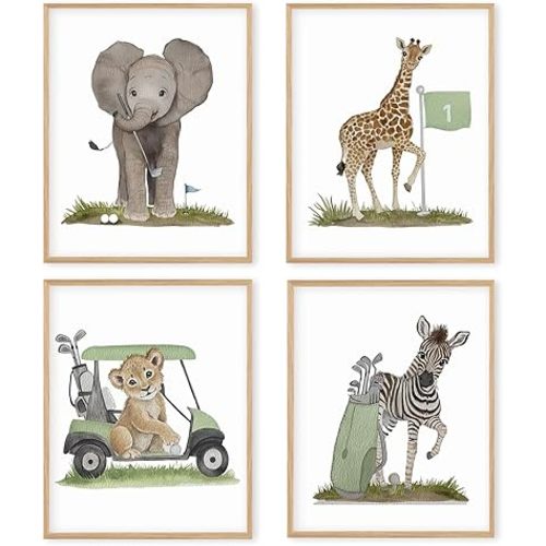 Boat Wades Retro Animal Golf Course Wall Art Prints Set of 4, Golf Nursery Decor, Elephant Giraffe Lion Zebra Golfer Posters Pictures Wall Decor for Home Office Kids Room Playroom, 8x10 Unframed