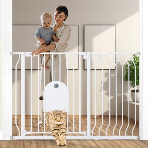COMOMY 29.5-48.4" Baby Gate with Adjustable Cat Door,Extra Wide Metal Cat Gate for Stairs Doorways, Auto Close Dog Gate with Pet Door for House, Pressure Mounted Easy Walk Through (30" Tall, White)