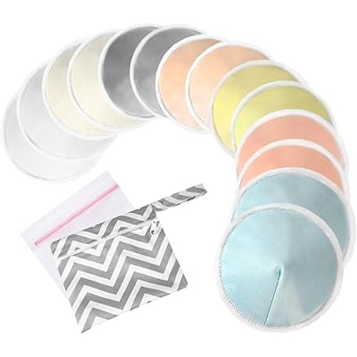 Oiomniv Organic Reusable Nursing Pads (14 Pack), 4.7 Inch Washable Breast Pads for Breastfeeding & Leaking, Bamboo Viscose, Soft Absorbent with Laundry Wash Bag & Travel Storage Bag