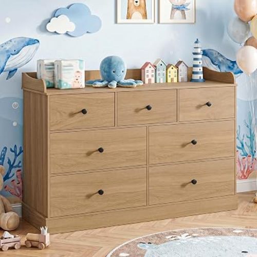 Kids Dresser Cabinet with 7 Drawers, Oak Chest of Drawers