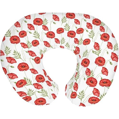 Vintage Red Poppies Baby Nursing Pillow Covers for Boy Girl Watercolor Poppies Floral Nursery Pillowcase for Breastfeeding Pillows Boho Spring Flowers Soft Stretchy Slipcovers for Newborn Infant