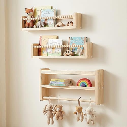 Nursery Floating Book Shelves, Wall Mounted Shelf with Towel Bar for Kids Room, Nursery Wall Shelves Set of 3 - Rustic Bookshelf Organizer for Baby Books & Toys,Natural Wood