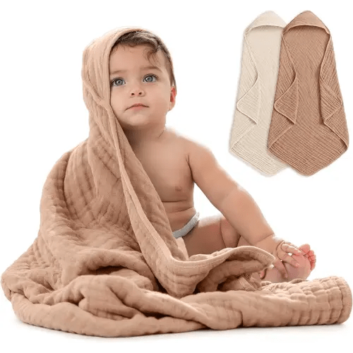 Comfy Cubs Hooded Baby Towel 2-Pack, Large 32 x 32 Inch - 6 Layer 100% Muslin Cotton for Babies, Toddlers, Kids - Soft & Absorbent Baby Bath Towels - Unisex Design for Bath Time, Cedar and Sand