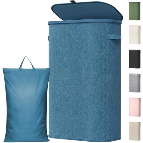 Lifewit Cesta de lavandería delgada con tapa, cesta de lavandería estrecha y grande con asas de plástico y bolsa extraíble, cestas altas plegables para ropa sucia para lavandería, dormitorio, baño