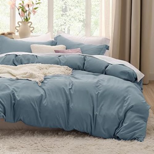 Bedsure Prewashed Duvet Cover King, Cotton-Like Bedding Set, Dusty Blue
