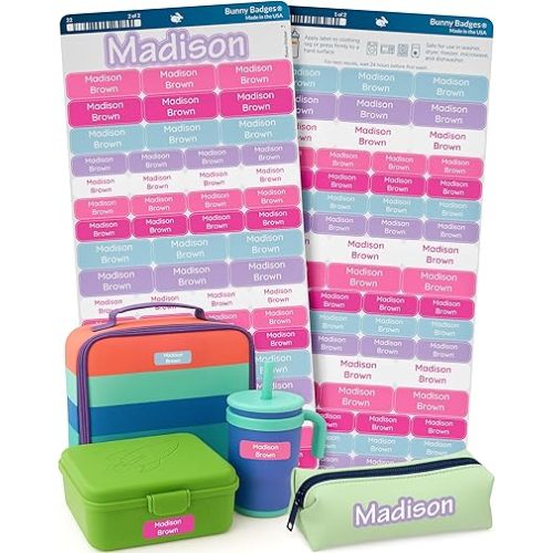 Bunny Badges Personalized Daycare Name Labels for Kids (120 Labels) Custom Label for Clothing Tag - Waterproof Name Stickers for Clothing Tags, Bottles, Backpacks and School Supplies (Sorbet)