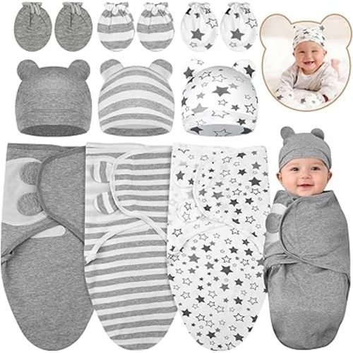 Preemie Swaddle Blanket with Hat & Mittens Set, Adjustable Cotton Swaddle for Preemie Baby