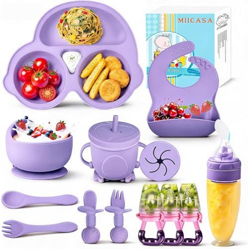 Silicone Baby Feeding Set,Miicasa Baby Led Weaning Supplies Kit With Suction Bowl & Car Plate, Bib, Spoon, Fork, Cup - Food-Grade Silicone, Dishwasher-Safe, No BPAs - For 3+ Months