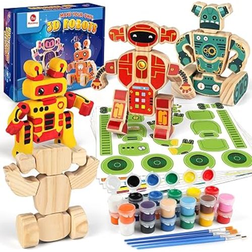 Mocoosy Wooden Robot Painting Art and Craft Kit for Kids Ages 3-5, Build & Decorate Your Own Robots with Paint & Stickers, Wood Robot STEM Game Montessoi Toys Educational Gift for Boys Girls