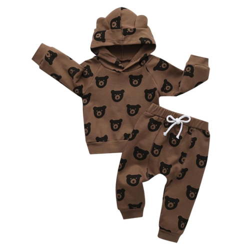 Newborn Infant Baby boy Clothes Long Sleeve Bear Style Hooded Tops Long Pants Outfits Set Brown 6-9 Months
