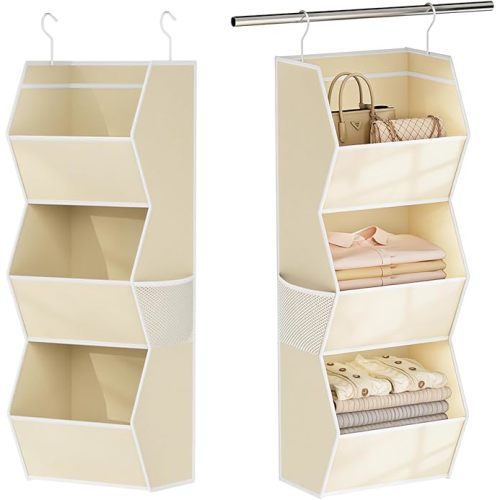 Hanging Closet Organizer 4 Shelf Collapsible Fabric Closet Organizers and Storage Hanging with Mesh Pocket for Clothes, Hanging Wardrobe Organizers and Storage for Sweater T-Shirt Shoes Toys, Beige