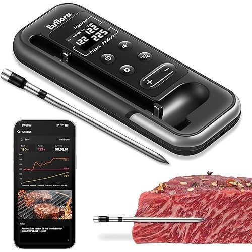 Wireless Meat Thermometer with Digital Meat Probe, Measures Internal & Ambient Temp, 800FT Bluetooth Meat Thermometer with Host Control for Barbecue, Outdoor Grilling, Oven & Smoker (Black)