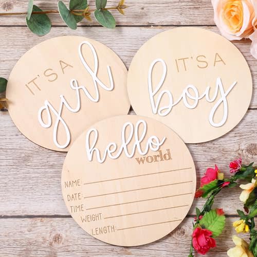 Baby Announcement Sign 3PCS It's a Boy/It's a Girl & Hello World Wooden Gender Reveal Plaque for Newborn Birth Hospital Photo Props