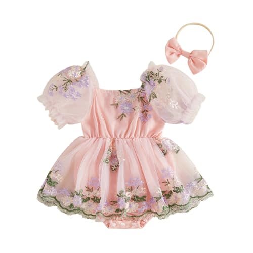 Douhoow Baby Girl Summer Romper Flying Sleeve Floral Embroidery Baby Dress Romper with Headband Infant Festival Clothes
