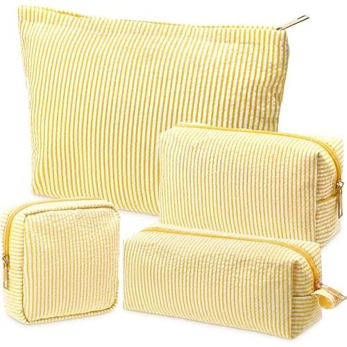 Sanwuta 4 Pcs Seersucker Pouch Cosmetic Bag Set Seersucker Makeup Bag Women Stripe Large Travel Toiletry Organizer Aesthetic Preppy Storage for Embroidery Women Bridesmaid Gifts(Yellow)