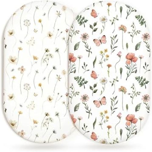 Bassinet Sheets for Baby Girls Boys 2 Pack, Fitted Baby Mattress Sheet for Rectangle, Oval, Hourglass Bassinet Mattress, Breathable Cozy & Universal Fit (Butterfly Garden)