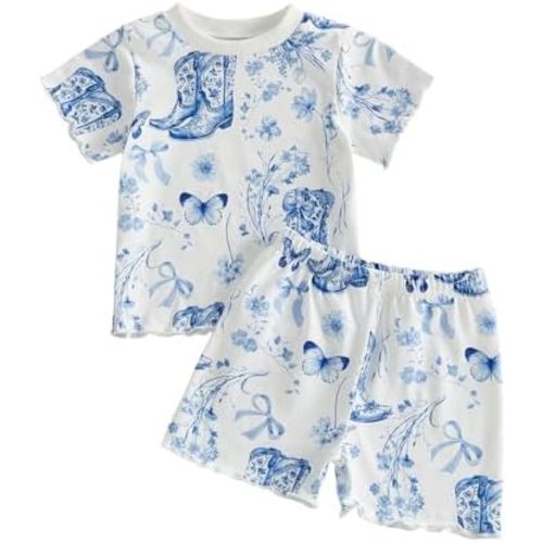 PUHHAPIEY Toddler Baby Girl Clothes 6 12 18 24 Month 2T 3T Summer Outfit Cherry Ruffle Tee Shirts T-Shirt & Shorts Set