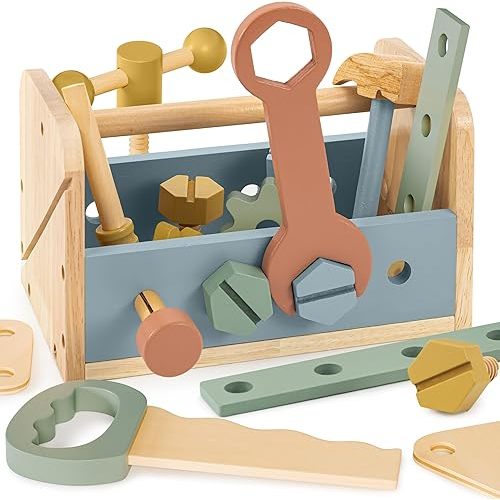 Stylish Wooden Tool Set for Toddlers - Durable Montessori Tool Box Kit with Hammer for Boys & Girls 2-5 Years - Fun Christmas Toy Gift for Kids with 30+ Safe Tools for Creative Play