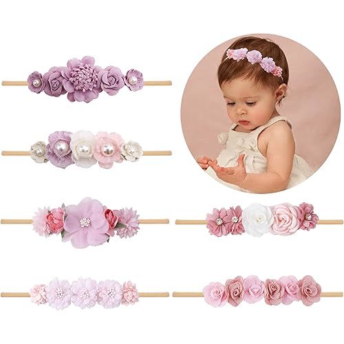 Baby Girls Headbands Flower Headband 6 Pcs Nylon Elastic Headbands Newborn Hair Bows Hair Accessories Gifts for Infant Toddlers Kids
