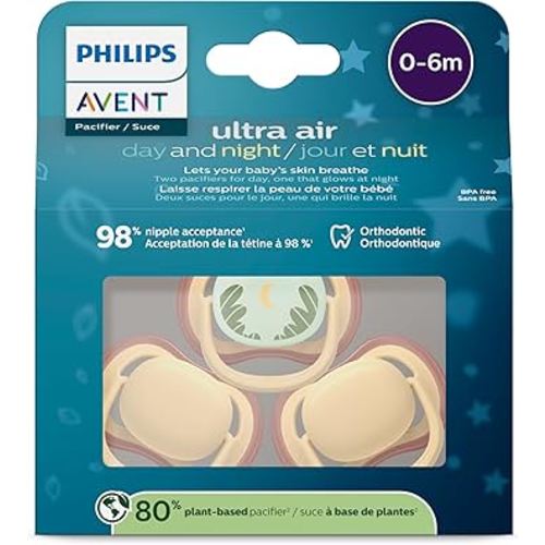 Philips Avent ultra air Pacifier 0-6m, light yellow/tropical night, day+night 3 pack, SCF087/23 (Light Yellow/Tropical Night)