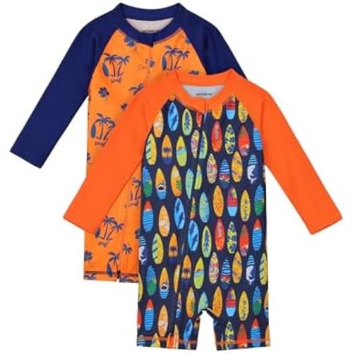 2 Pack Baby Toddler Boys Swimsuits UPF 50+ Sun Protection Long-Sleeve Rash Guards Baby Dry Fit Bathing Suit with Zip