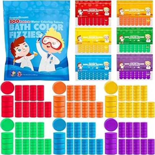 300 Count Bath Color Tablets for Kids, Non-Toxic & Fragrance-Free Fizzies Tablets, 6 Vibrant Water Colors, Kid-Friendly Bath Bombs Set for Fun Bath Time, Ideal for Kids Ages 3+