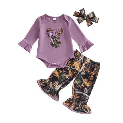 Newborn Baby Girl Hunting Clothes Deer Long Sleeve Romper Jungle Camo Flare Pants Set 3 Piece Fall Winter Outfit