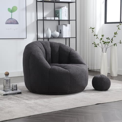 MOONMISS Bean Bag Chair for Adults with Armrests & Back Support, Chenille Reading Chair, Single Memory Foam Beanbag Sofa with 1 Pillow in Living Room, Bedroom, Study, Game Room, Dorms (Black)