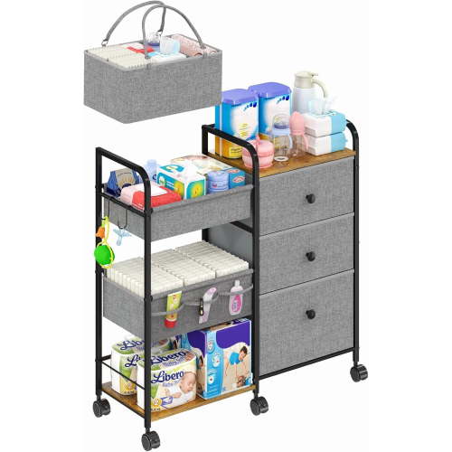 2In1 Baby Diaper Caddy Organizer and Storage, 3 Tier Rolling Cart with Dividers and Drawers, Mobile Utility Cart Baby Dresser Clothes Organizer for Changing Table, Crib Nursery, Bedroom, Grey