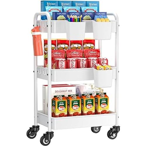 3 Tier White Rolling Cart, YASONIC Metal Utility Cart on Wheels with 3 Hanging Cups and 4 Hooks - Upgraded Mesh Rolling Storage Cart Organizer, Easy Assembly for Kitchen, Bathroom, Laundry, Grocery