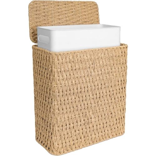 iEGrow Paper Rope Trash Can,Bathroom Trash Can with Lid, 3 Gallon Wicker Waste Basket with Removable Liner, for Bedroom, Living Room, Toilet, Under Sink Natural