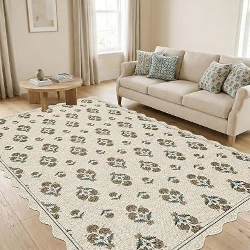 ORTIGIA Scalloped Easy Jute 5x7 Area Rug Vintage Yellow Block Floral