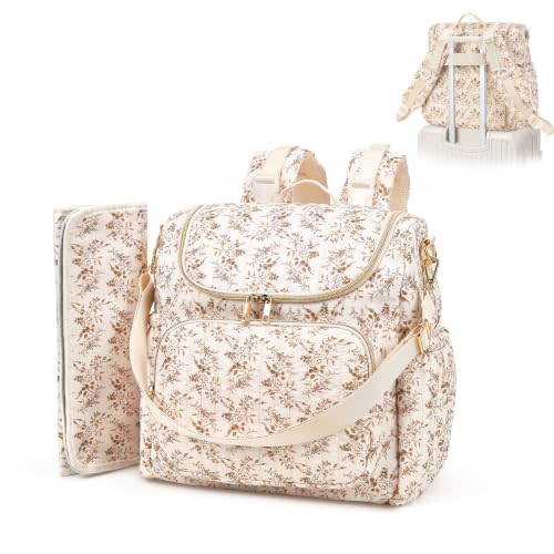 Quilted Floral Diaper Bag Backpack, Cute Mom Travel Diaper Backpack Purse | with stroller strap, crossbody strap, changing pad
